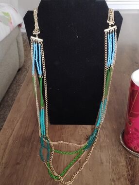 Gold Multi-Strand Beaded Necklace with Blue and Green Accents
